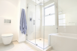Door Next to a Notched Panel Shower Design